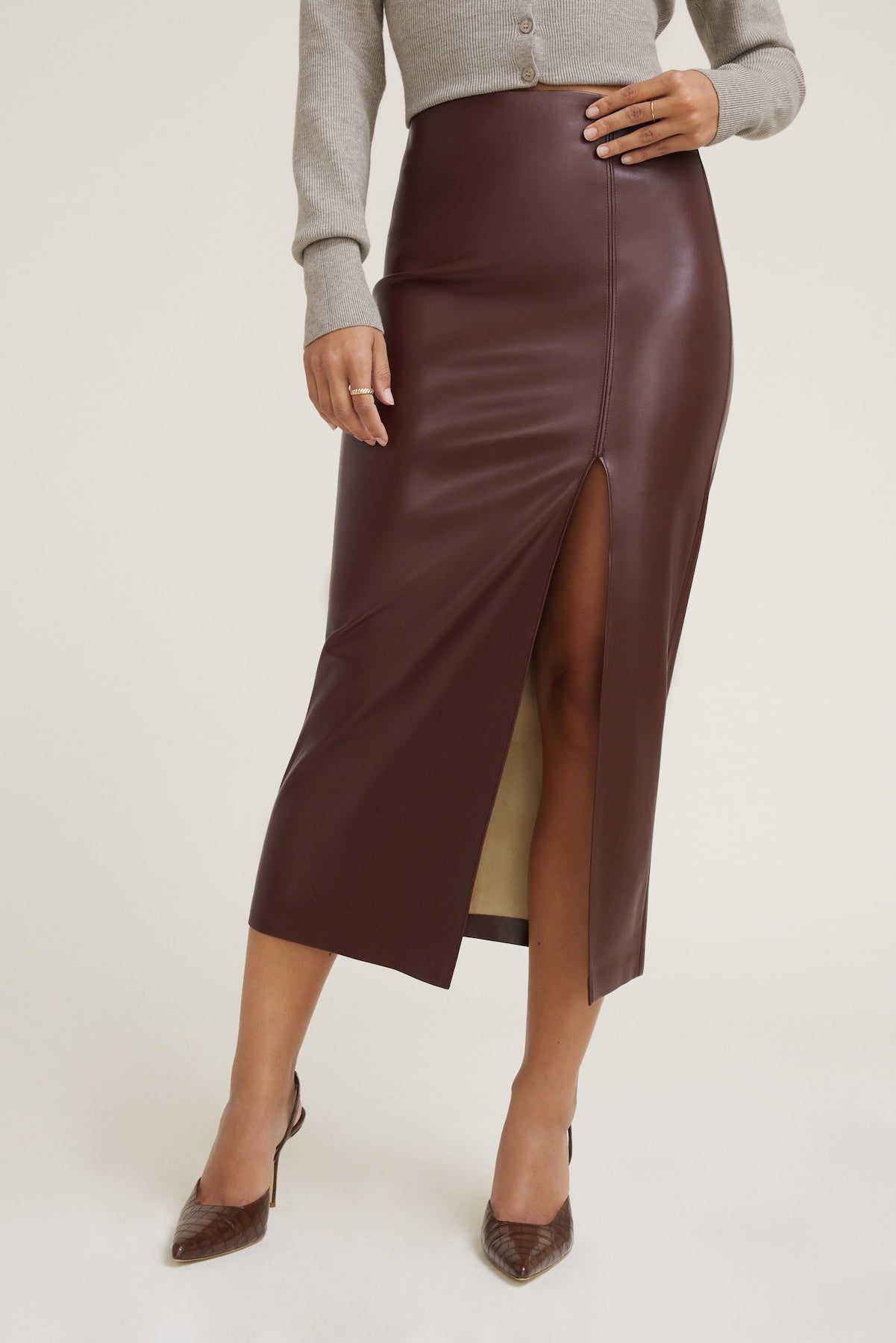 Dynamite Website Shop | Marlow Faux Leather Midi Skirt Brown