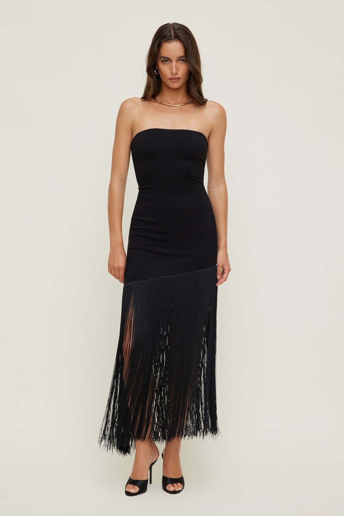 Dynamite US | Ponte Fringe Maxi Tube Dress Black