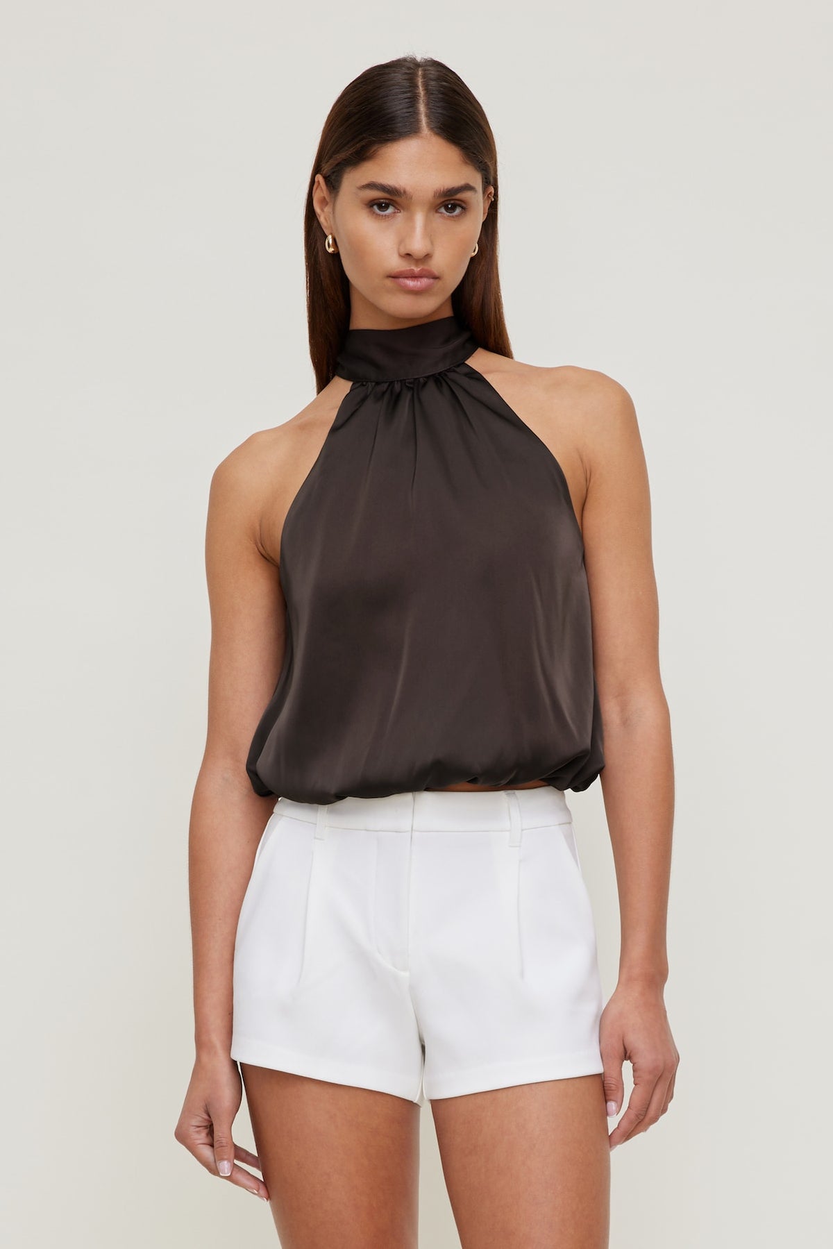 Dynamite Website Shop | Paloma Bubble Satin Halter Blouse Brown