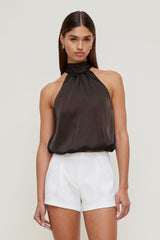 Dynamite Website Shop | Paloma Bubble Satin Halter Blouse Brown