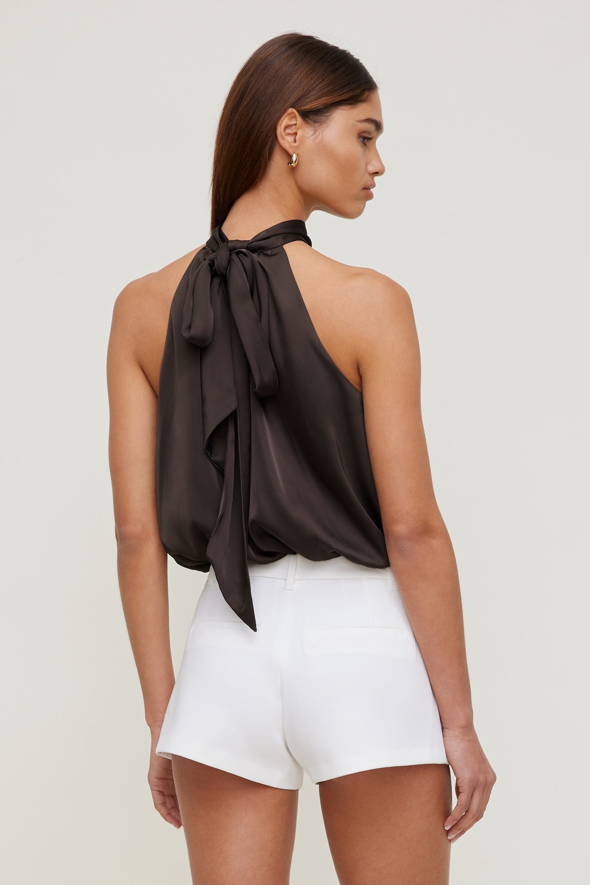 Dynamite Website Shop | Paloma Bubble Satin Halter Blouse Brown