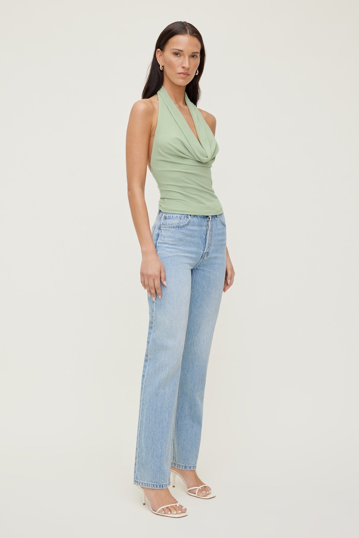 Dynamite Outlets | Cowl Neck Mesh Halter Top Green