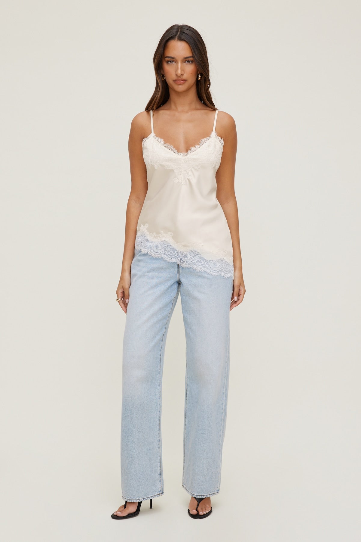 Dynamite Outlet | Cassie Asymmetric Lace Satin Cami Beige