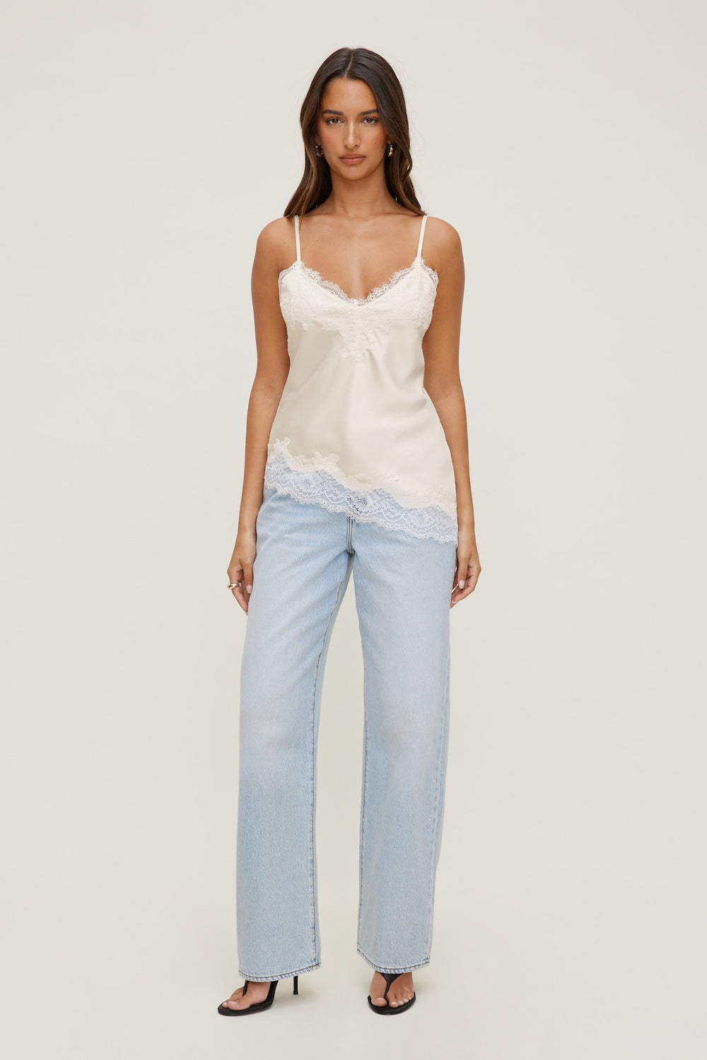 Dynamite Outlet | Cassie Asymmetric Lace Satin Cami Beige