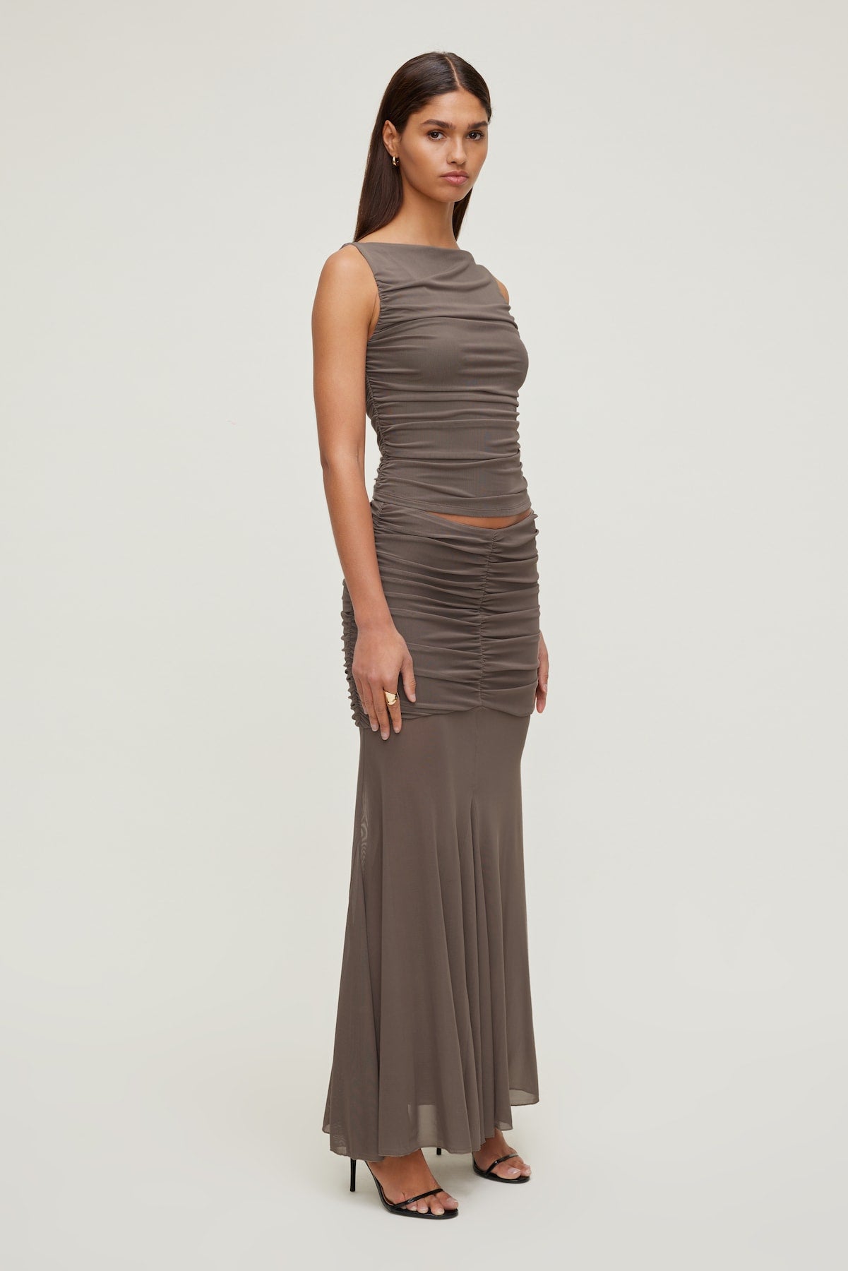 Dynamite Website Shop | Ruched Mesh Tank Top Brown