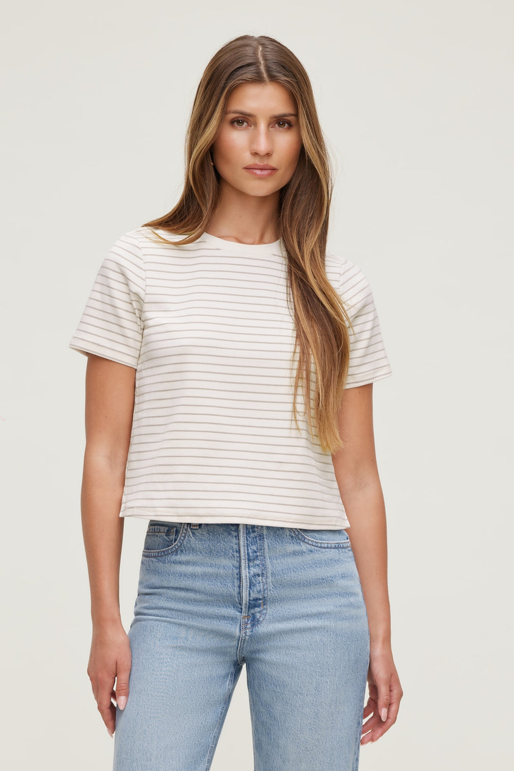 Dynamite On Sale | Everyday Striped Heavy Cotton T Shirt Beige