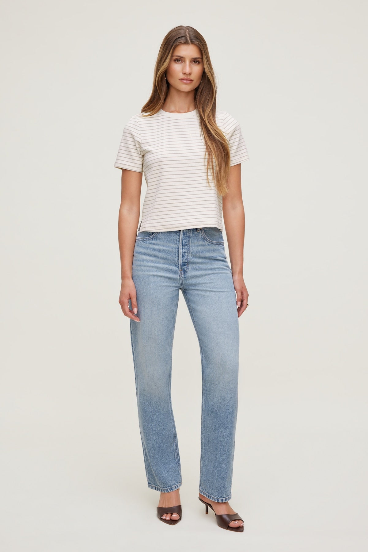 Dynamite On Sale | Everyday Striped Heavy Cotton T Shirt Beige