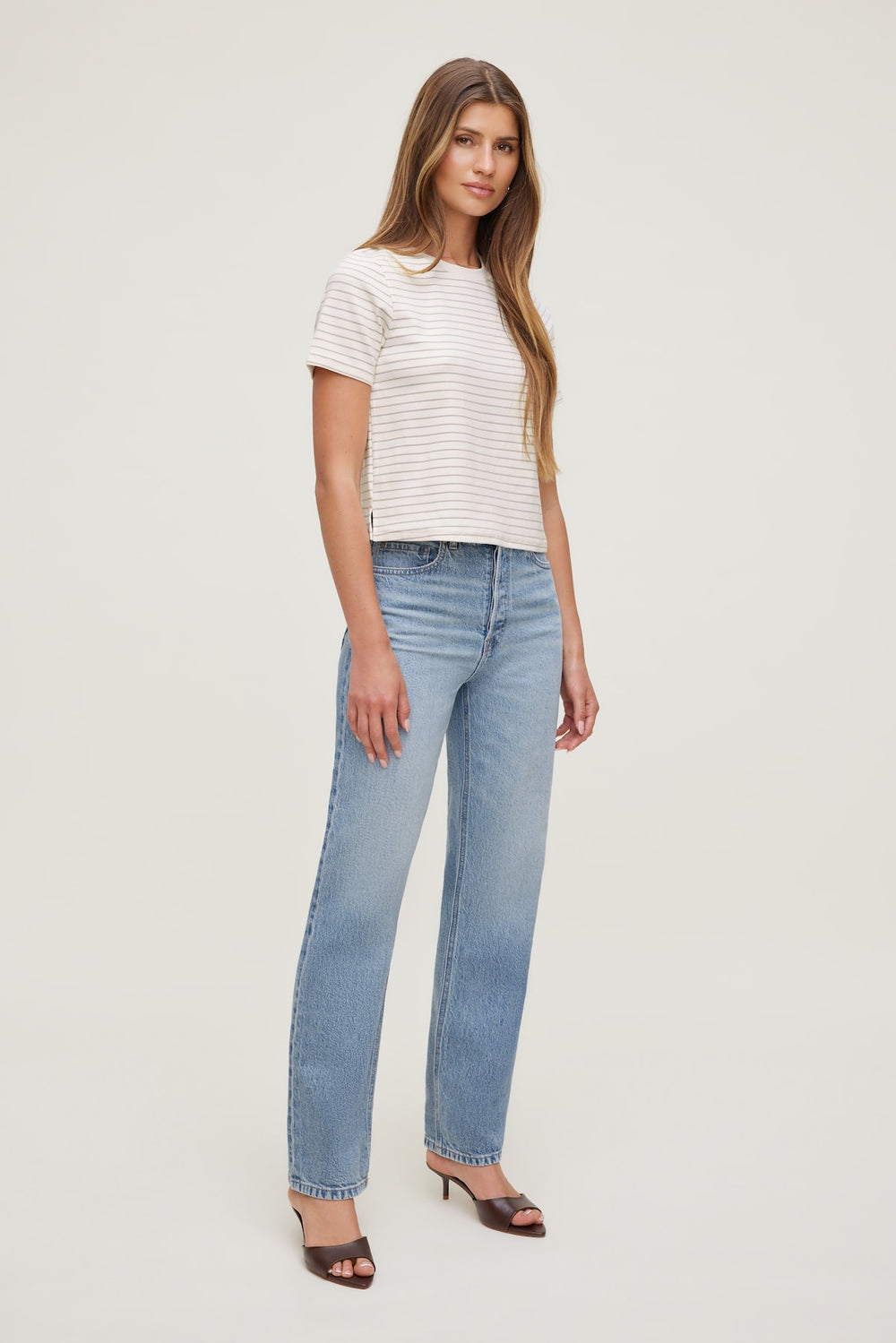 Dynamite On Sale | Everyday Striped Heavy Cotton T Shirt Beige