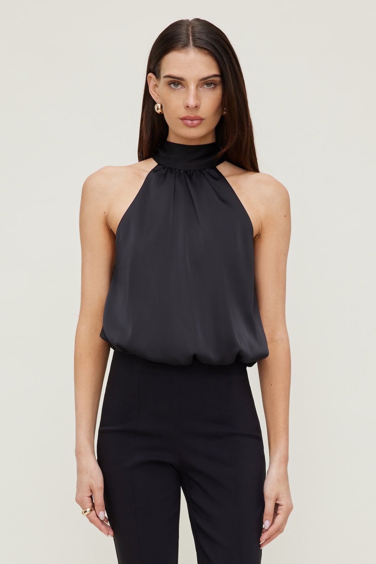 Dynamite Outlets | Paloma Bubble Satin Halter Blouse Black
