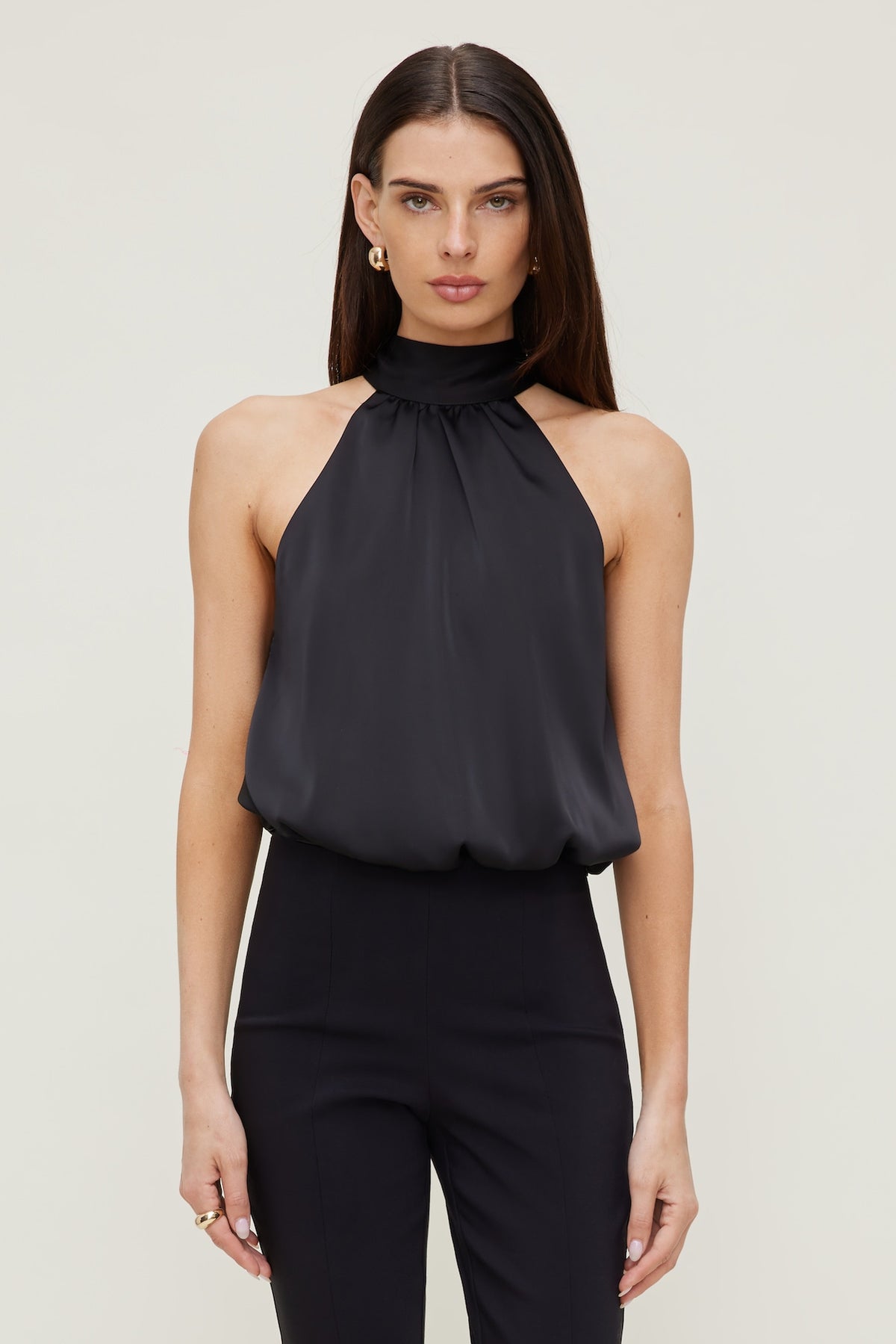 Dynamite Outlets | Paloma Bubble Satin Halter Blouse Black