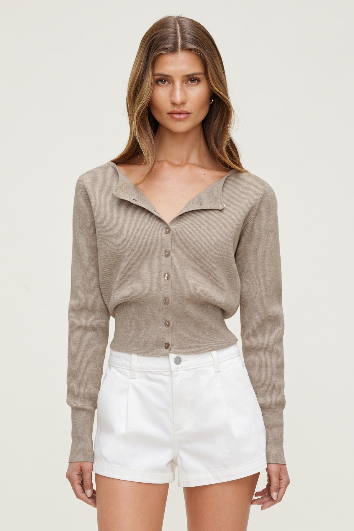 Dynamite Online | Sara Ribbed Cinch Hem Cardigan Beige